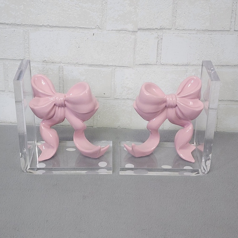 Pink Bow Bookends Coquette Bookend Acrylic Resin Girly Office Nursery 2 Pc Clear - Picture 6 of 8